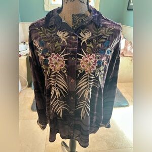 Johnny Was purple camo velvet embroidered front and back, button down size small